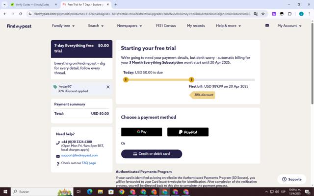 Findmypast checkout page showing Findmypast promo code box | Screenshot taken by SimplyCodes community member on Apr 13, 2025