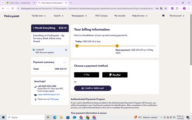 Findmypast checkout page showing Findmypast promo code box | Screenshot taken by SimplyCodes community member on Apr 13, 2025