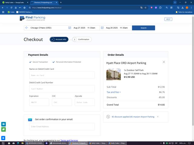 Find Parking checkout page showing Find Parking promo code box | Screenshot taken by SimplyCodes community member on Aug 26, 2025