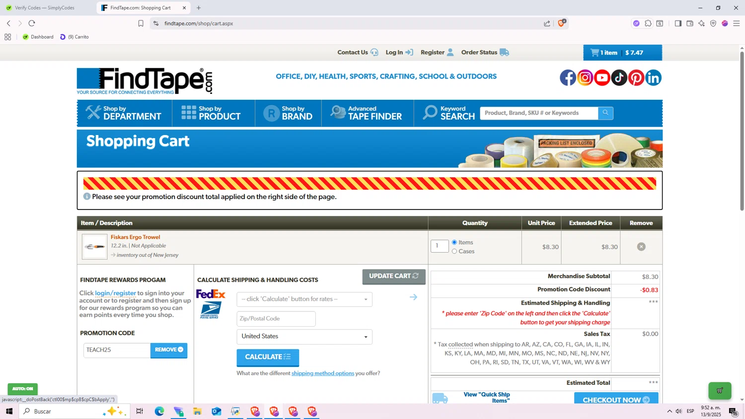 FindTape.com checkout page showing FindTape.com promo code box | Screenshot taken by SimplyCodes community member on Sep 13, 2025