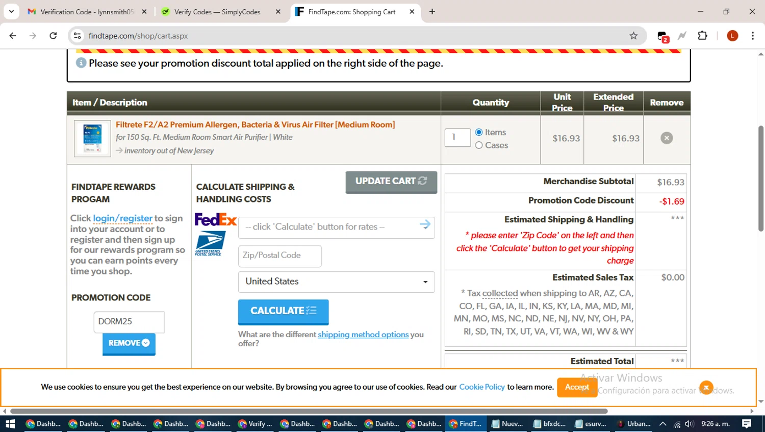 FindTape.com checkout page showing FindTape.com promo code box | Screenshot taken by SimplyCodes community member on Aug 21, 2025
