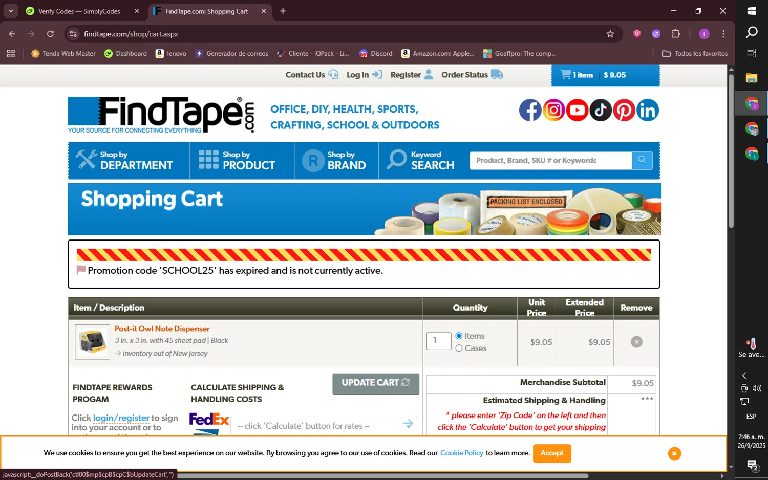 FindTape.com promo code screenshot showing code SCHOOL25 applied at FindTape.com checkout page. Uploaded by SimplyCodes community member LiaCamila on Sep 26, 2025
