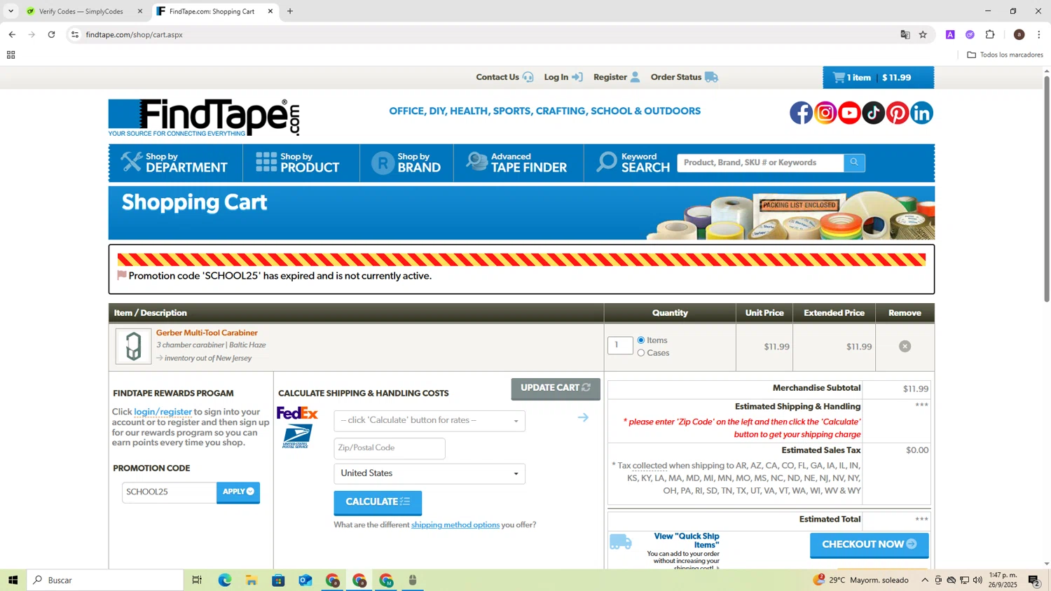 FindTape.com promo code screenshot showing code SCHOOL25 applied at FindTape.com checkout page. Uploaded by SimplyCodes community member RoyalLegend4835 on Sep 26, 2025