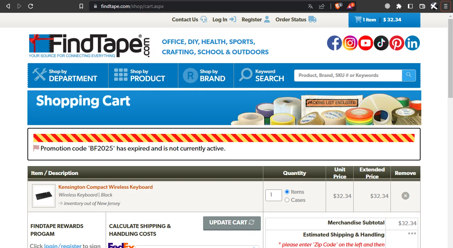 FindTape.com promo code screenshot showing code BF2025 applied at FindTape.com checkout page. Uploaded by SimplyCodes community member l2994552451687 on Dec 21, 2025