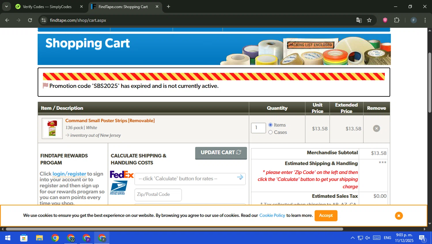 FindTape.com promo code screenshot showing code SBS2025 applied at FindTape.com checkout page. Uploaded by SimplyCodes community member pajarito on Dec 12, 2025