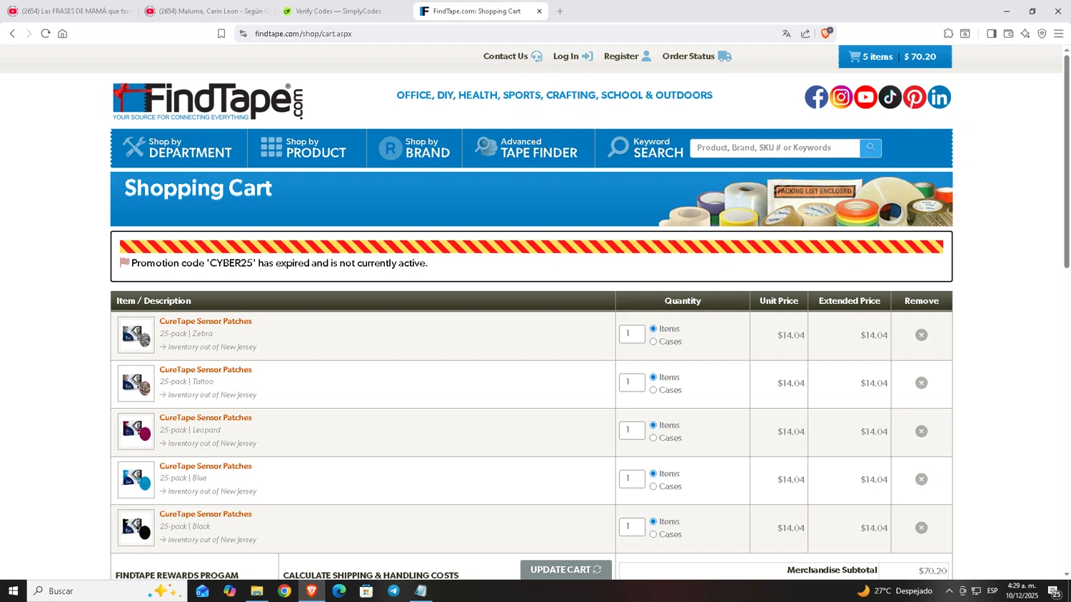 FindTape.com promo code screenshot showing code CYBER25 applied at FindTape.com checkout page. Uploaded by SimplyCodes community member Carloscoder_900457733 on Dec 10, 2025