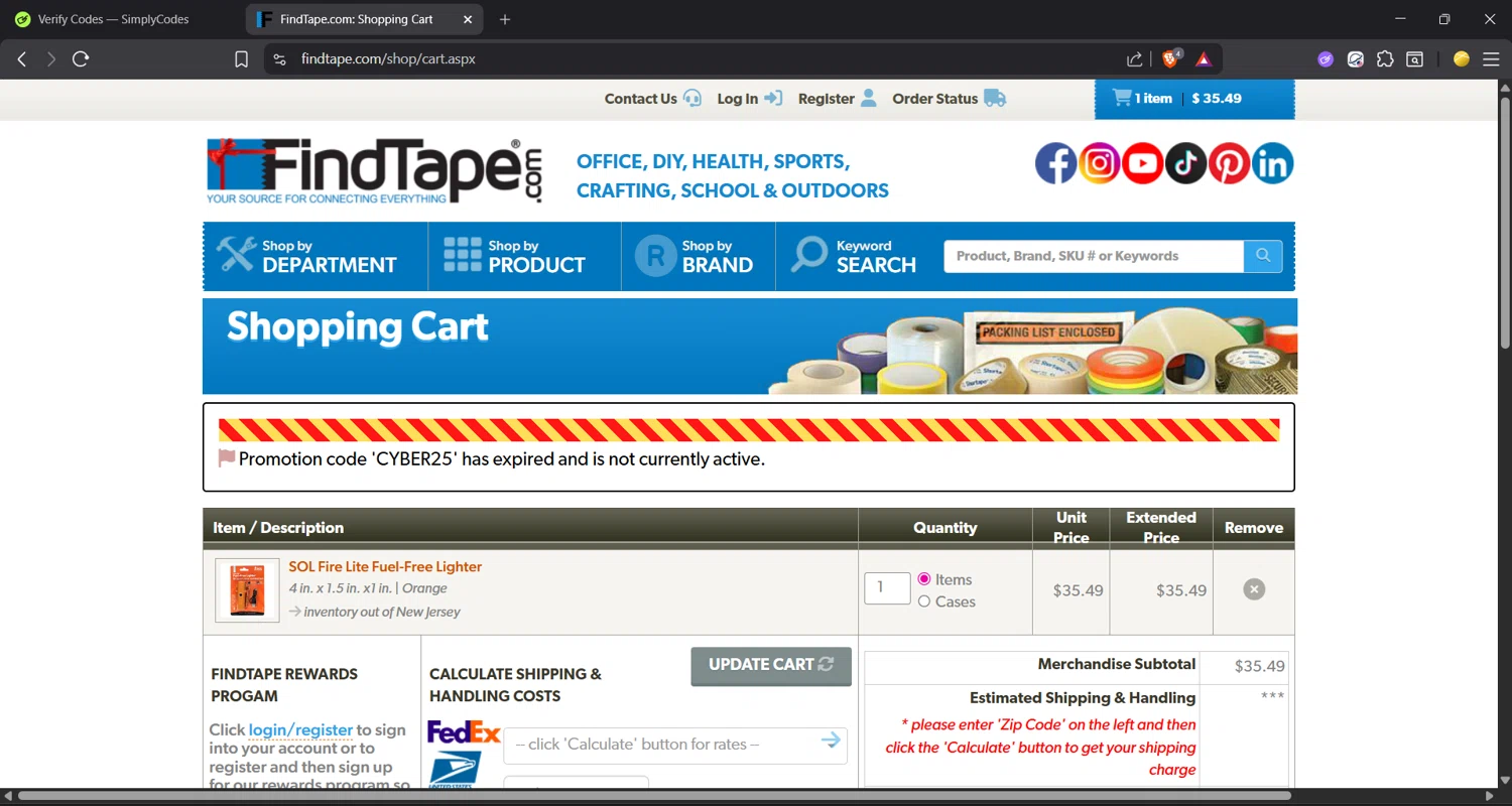 FindTape.com promo code screenshot showing code CYBER25 applied at FindTape.com checkout page. Uploaded by SimplyCodes community member Materiagrey10 on Dec 10, 2025