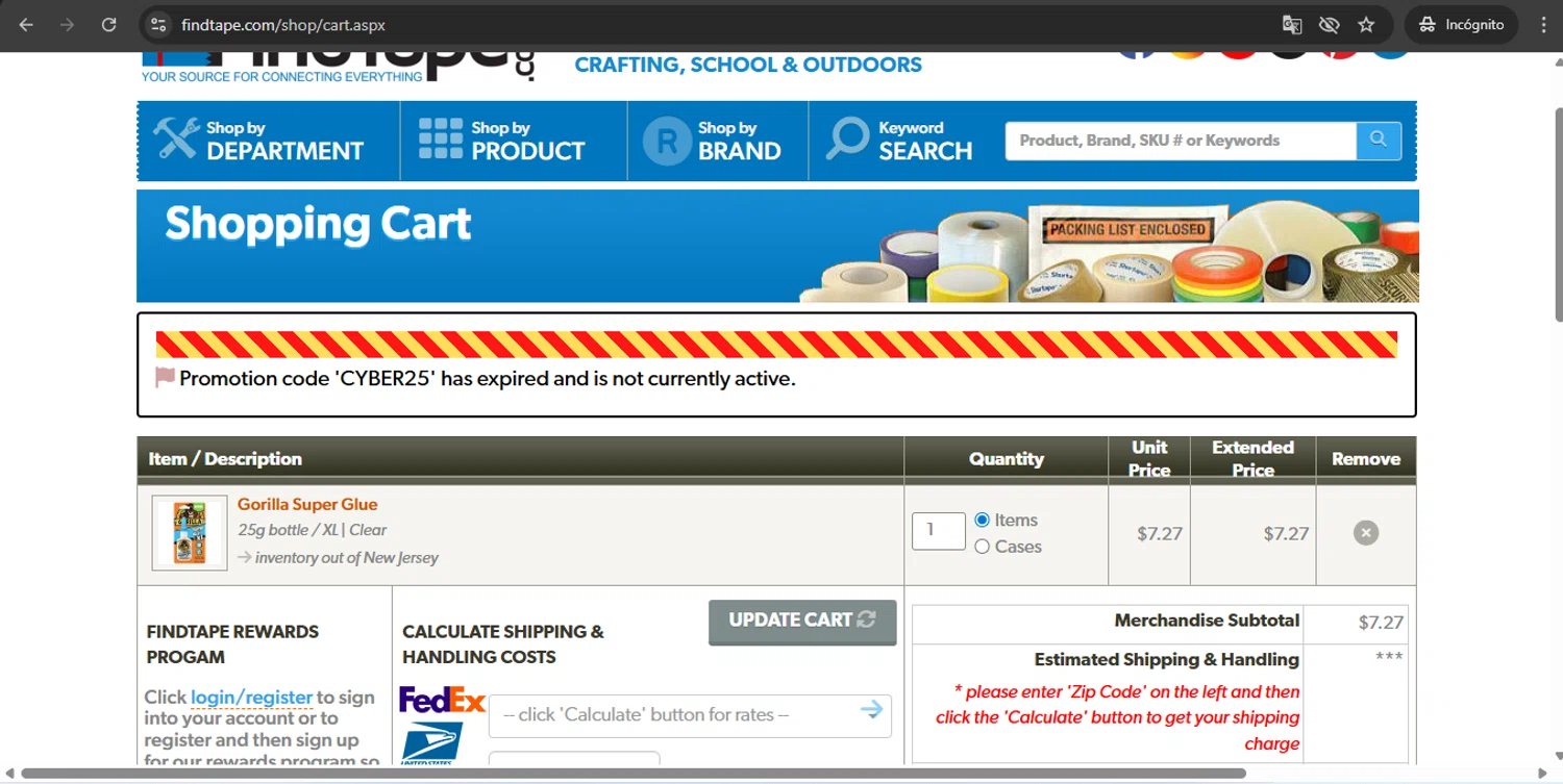 FindTape.com promo code screenshot showing code CYBER25 applied at FindTape.com checkout page. Uploaded by SimplyCodes community member UchihaMadara on Dec 10, 2025