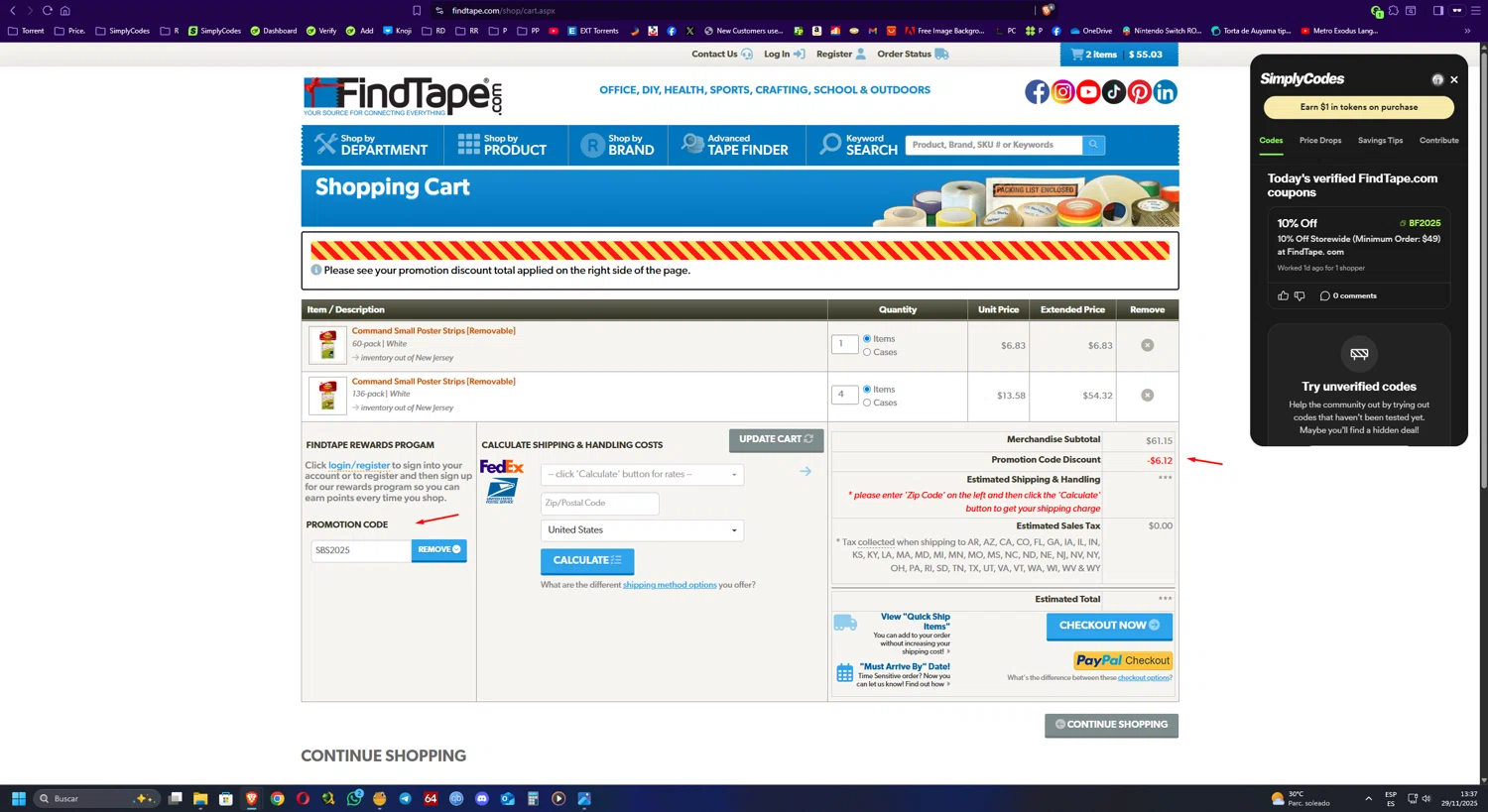 FindTape.com promo code screenshot showing code SBS2025 applied at FindTape.com checkout page. Uploaded by SimplyCodes community member UnkNownVnzla on Nov 29, 2025