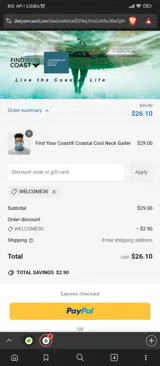 WELCOME30 coupon verification screenshot