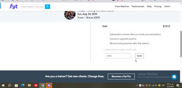 Find Your Trainer checkout page showing Find Your Trainer promo code box | Screenshot taken by SimplyCodes community member on Aug 22, 2025