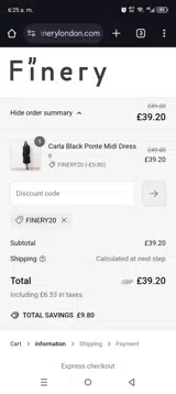 Finery20 coupon verification screenshot