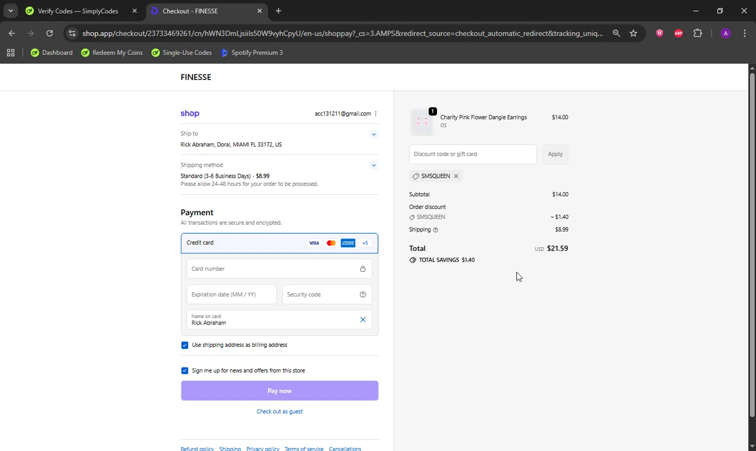 Finesse US discount code screenshot showing code smsqueen applied at Finesse US checkout page. Uploaded by SimplyCodes community member DeathBone on Sep 21, 2025
