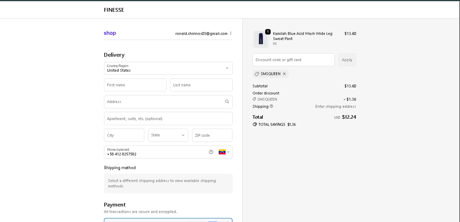 Finesse US discount code screenshot showing code smsqueen applied at Finesse US checkout page. Uploaded by SimplyCodes community member GoldAce6962 on Dec 11, 2025