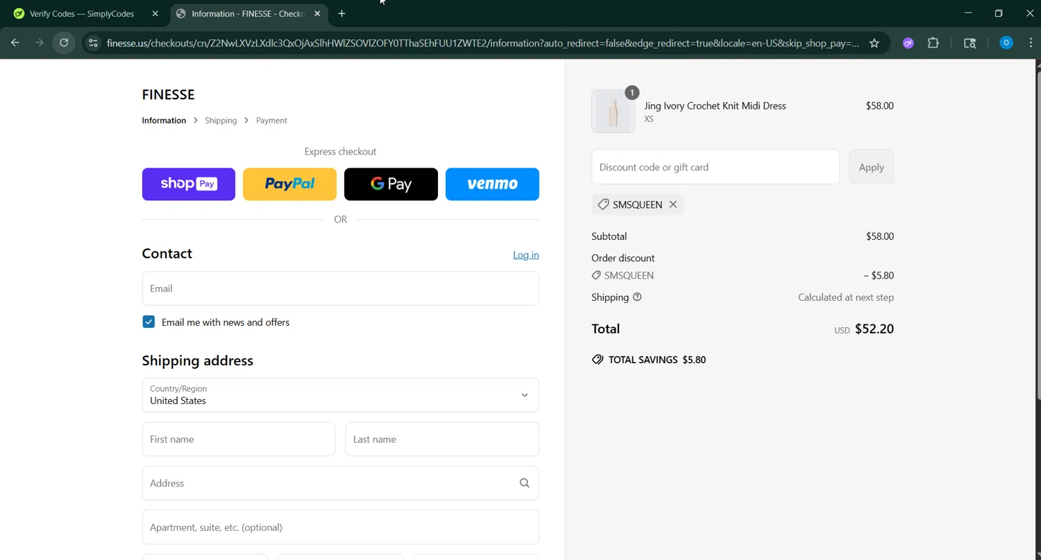 Finesse US discount code screenshot showing code smsqueen applied at Finesse US checkout page. Uploaded by SimplyCodes community member RoyalSage9159 on Jun 12, 2025