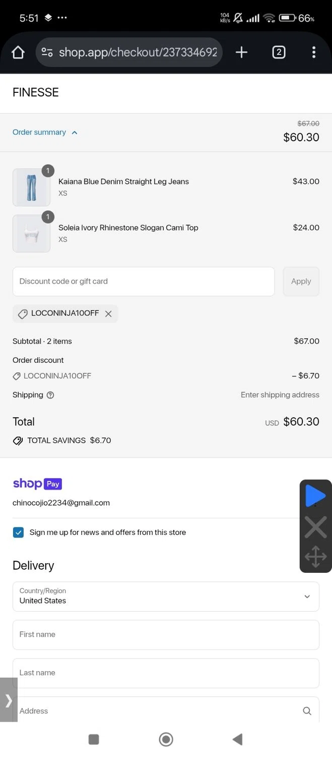 Finesse US discount code screenshot showing code LOCONINJA10OFF applied at Finesse US checkout page. Uploaded by SimplyCodes community member Bjhfuhdf on Jul 10, 2025