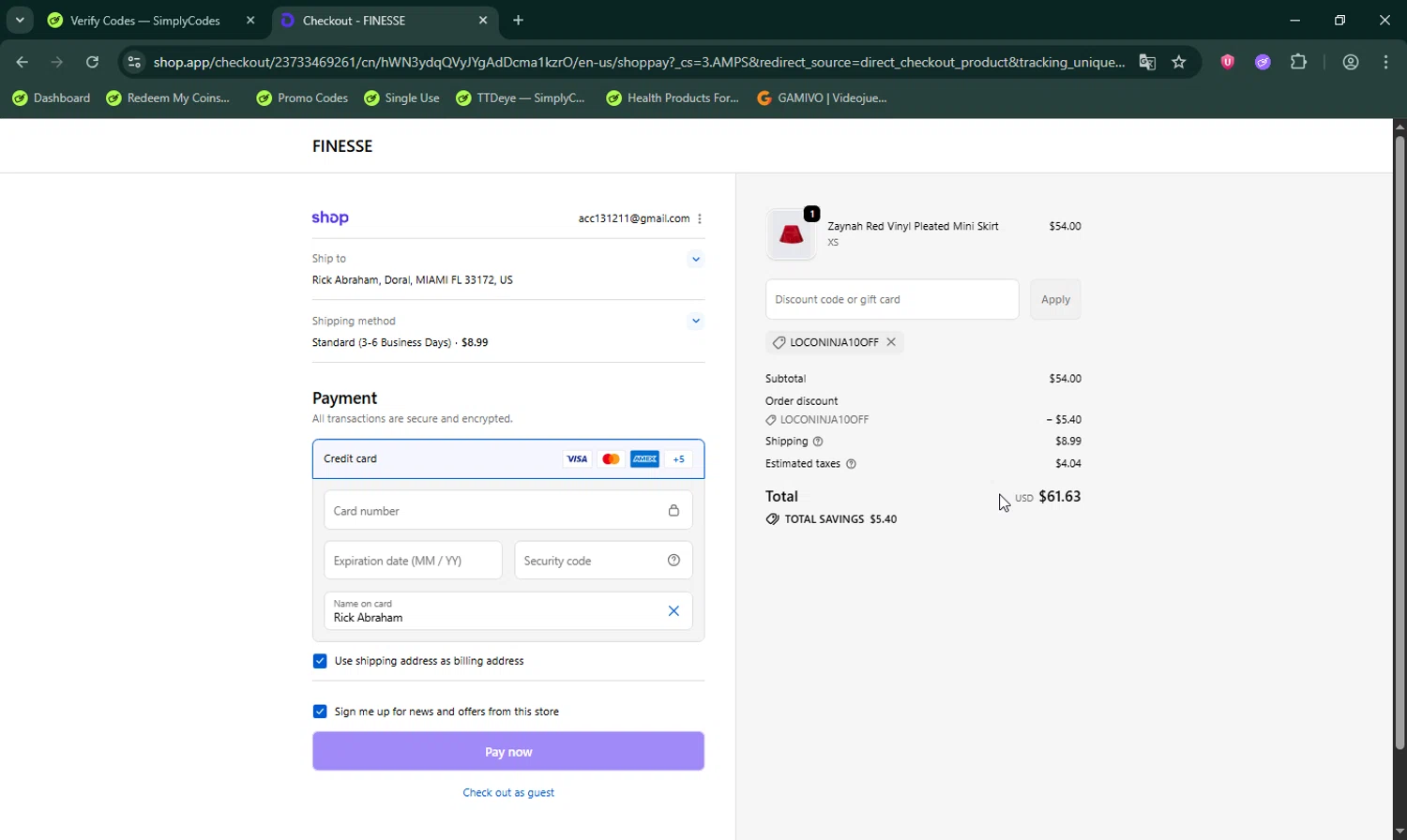 Finesse US discount code screenshot showing code LOCONINJA10OFF applied at Finesse US checkout page. Uploaded by SimplyCodes community member LHaunter on Oct 11, 2025