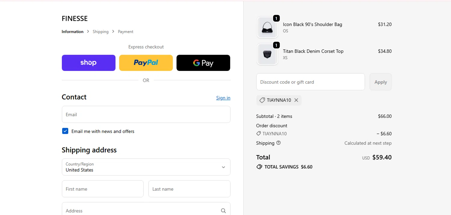 Finesse US discount code screenshot showing code TIAYNNA10 applied at Finesse US checkout page. Uploaded by SimplyCodes community member CashAce9852 on Nov 30, 2025