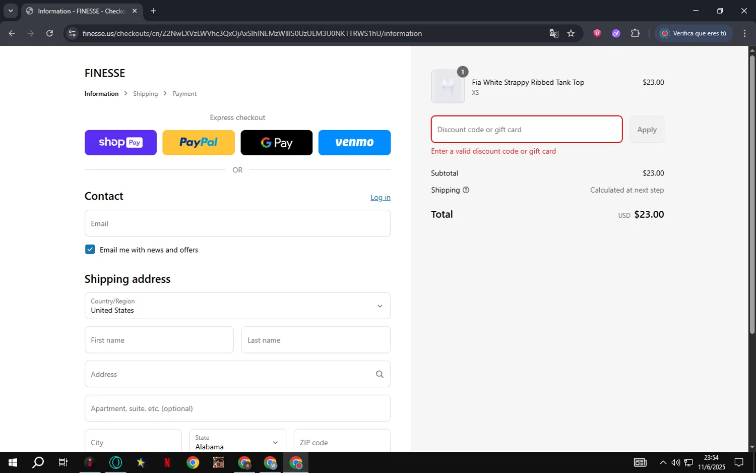 Finesse US discount code screenshot showing code TIAYNNA10 applied at Finesse US checkout page. Uploaded by SimplyCodes community member batmann_28 on Jun 12, 2025