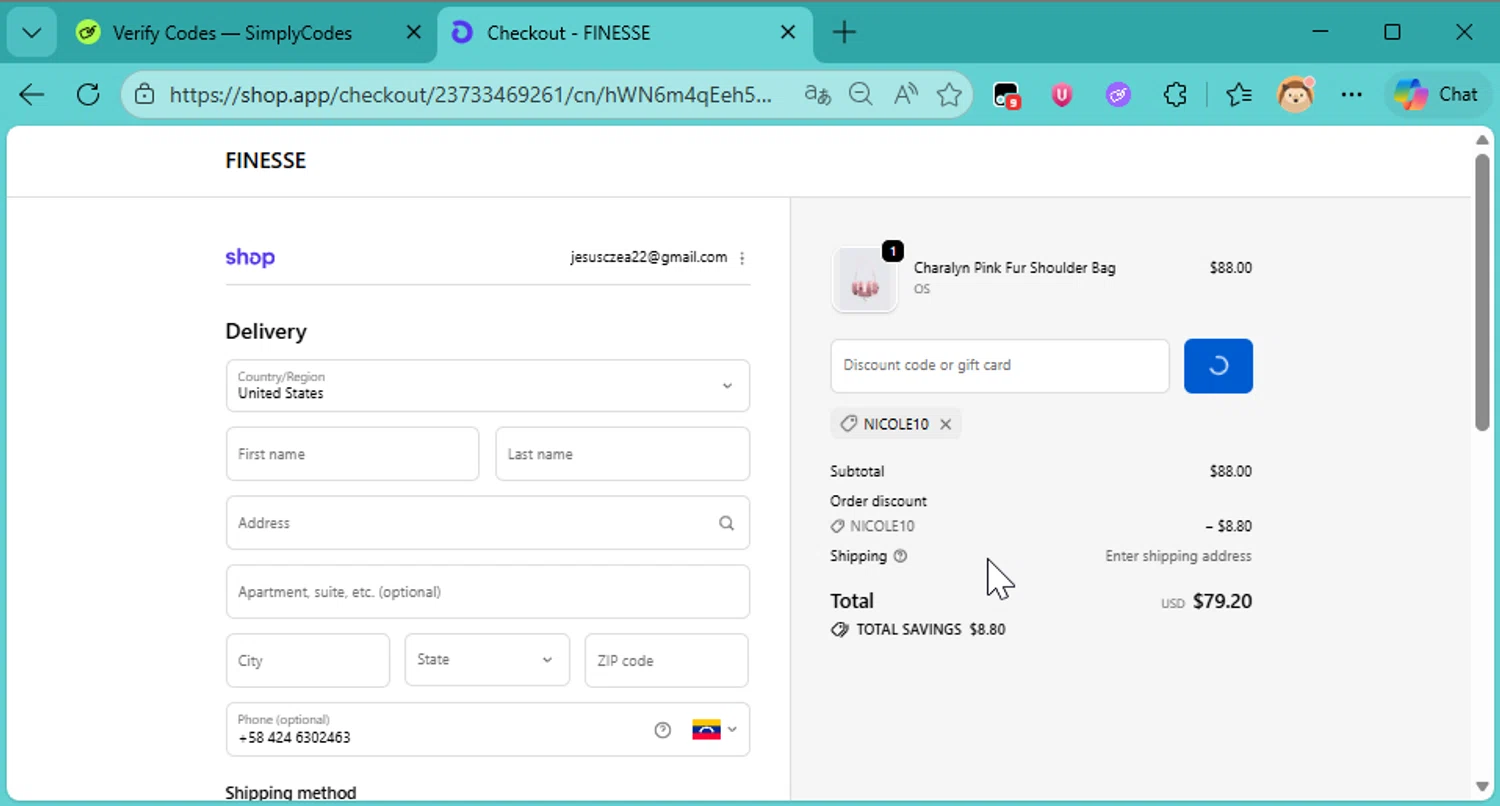 Finesse US discount code screenshot showing code NICOLE10 applied at Finesse US checkout page. Uploaded by SimplyCodes community member DonutPunks on Dec 23, 2025