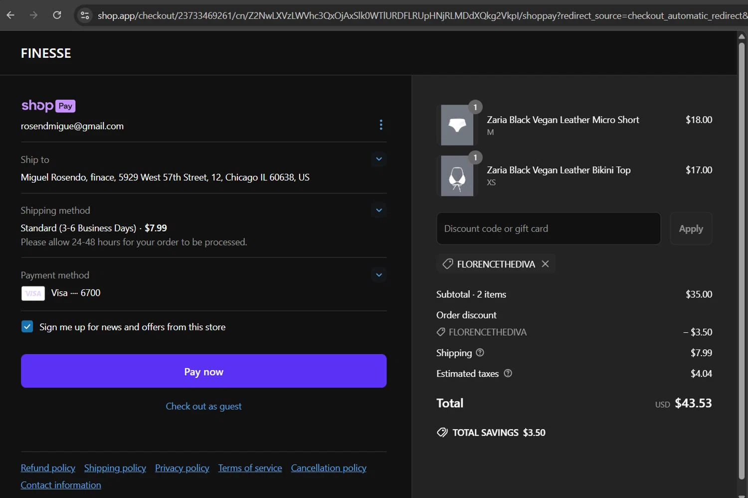 Finesse US discount code screenshot showing code FLORENCETHEDIVA applied at Finesse US checkout page. Uploaded by SimplyCodes community member ScanHunter7116 on Jun 19, 2025