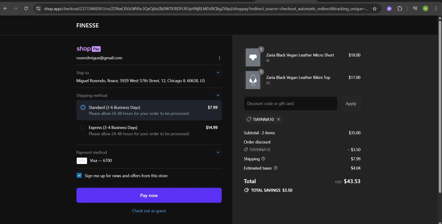 Finesse US discount code screenshot showing code TIAYNNA10 applied at Finesse US checkout page. Uploaded by SimplyCodes community member ScanHunter7116 on Jul 9, 2025