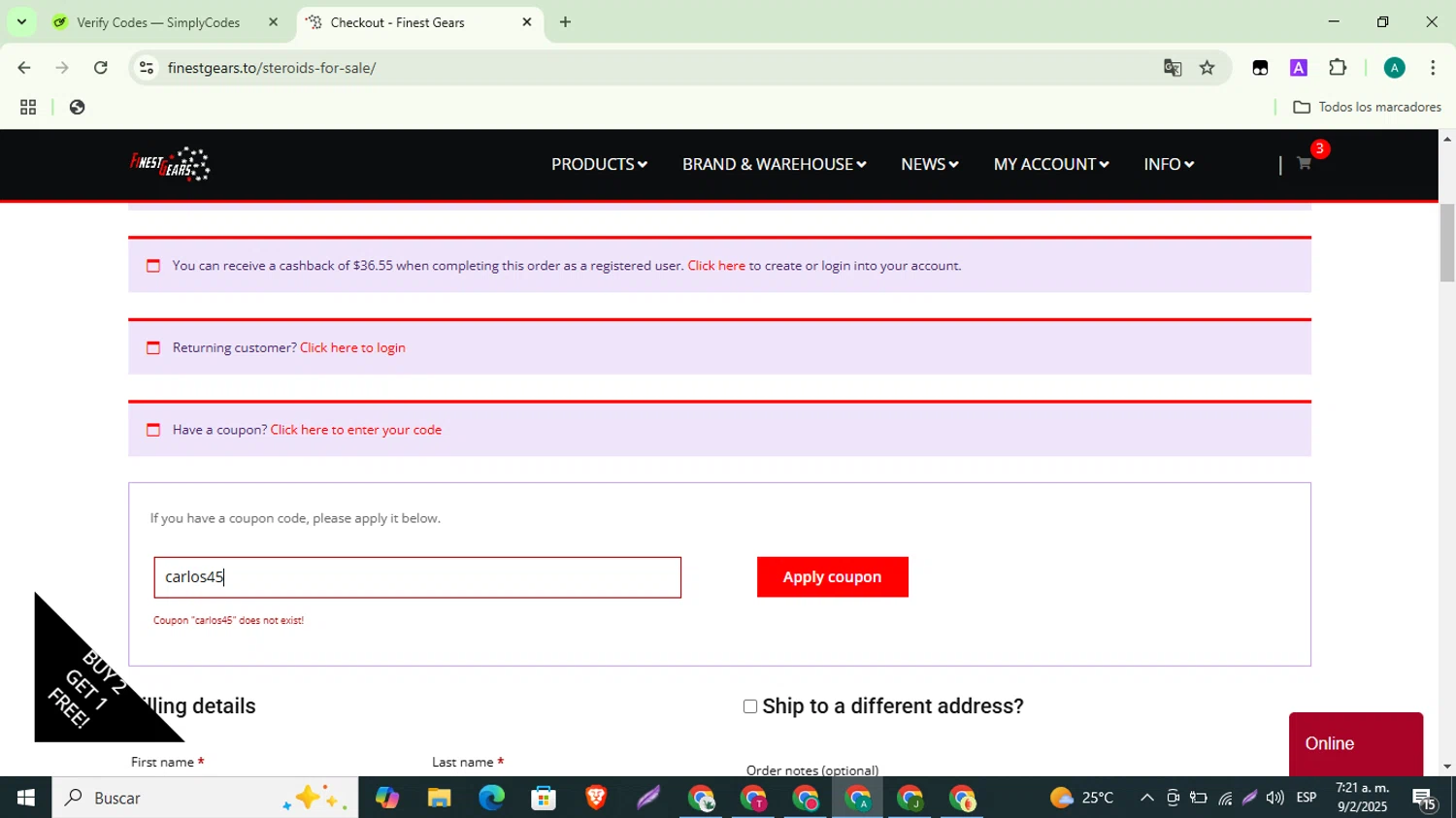 Finest Gears coupon code screenshot showing code carlos45 applied at Finest Gears checkout page. Uploaded by SimplyCodes community member ThriftyMaverick3223 on Feb 9, 2025