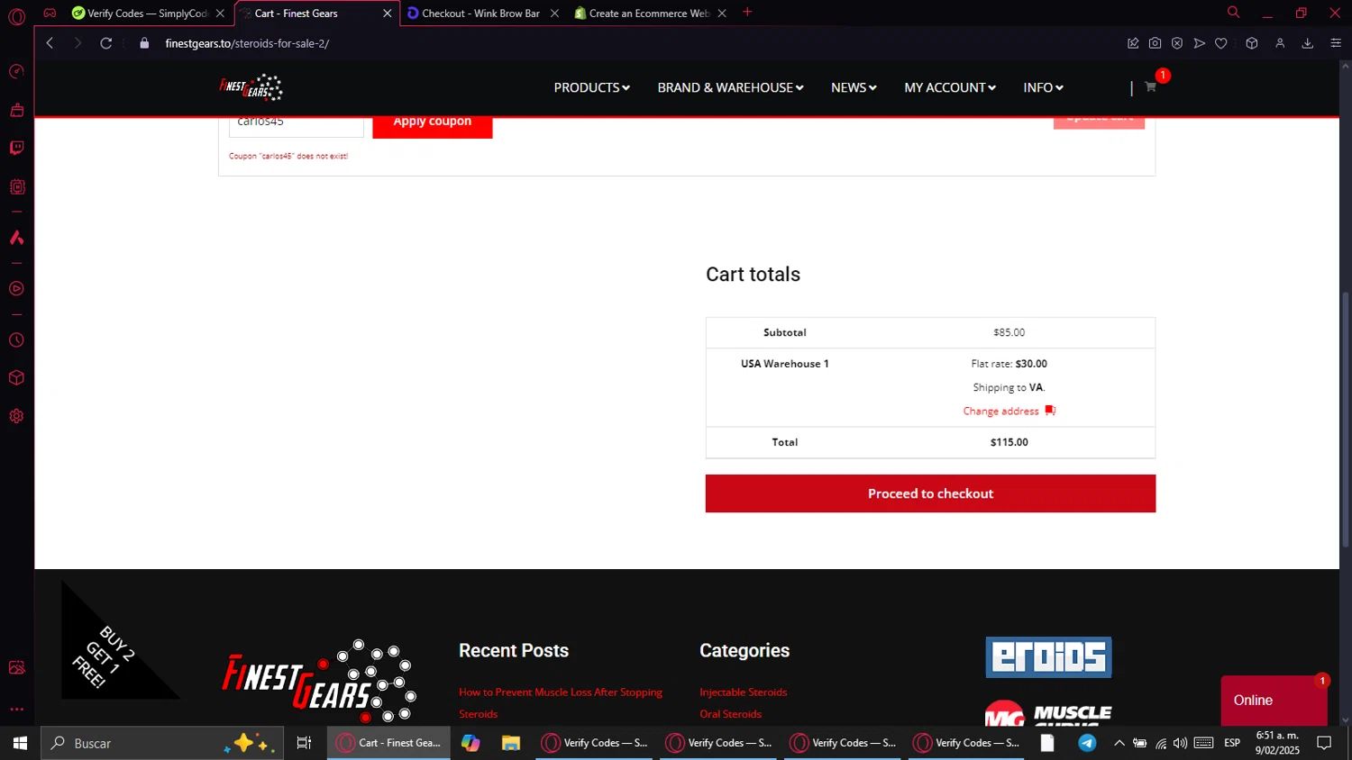 Finest Gears coupon code screenshot showing code carlos45 applied at Finest Gears checkout page. Uploaded by SimplyCodes community member ThriftyPilot8227 on Feb 9, 2025
