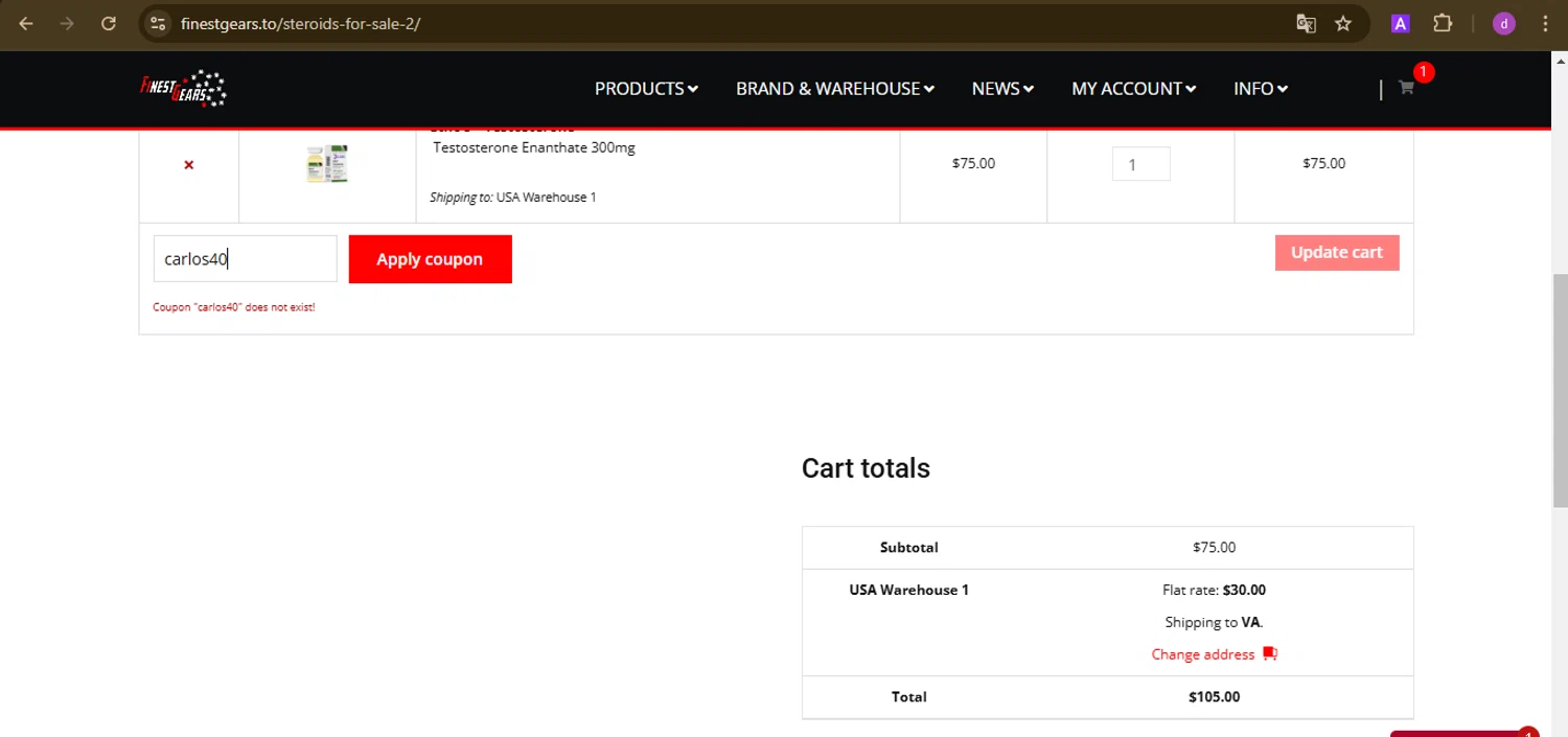 Finest Gears coupon code screenshot showing code carlos40 applied at Finest Gears checkout page. Uploaded by SimplyCodes community member PennyTiger4891 on Feb 11, 2025