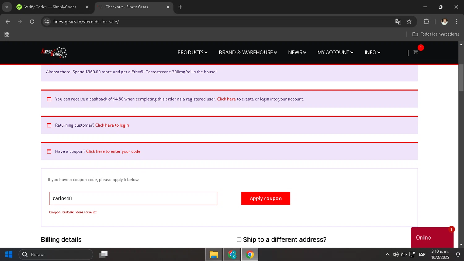 Finest Gears coupon code screenshot showing code carlos40 applied at Finest Gears checkout page. Uploaded by SimplyCodes community member SavingsMaven1223 on Feb 11, 2025