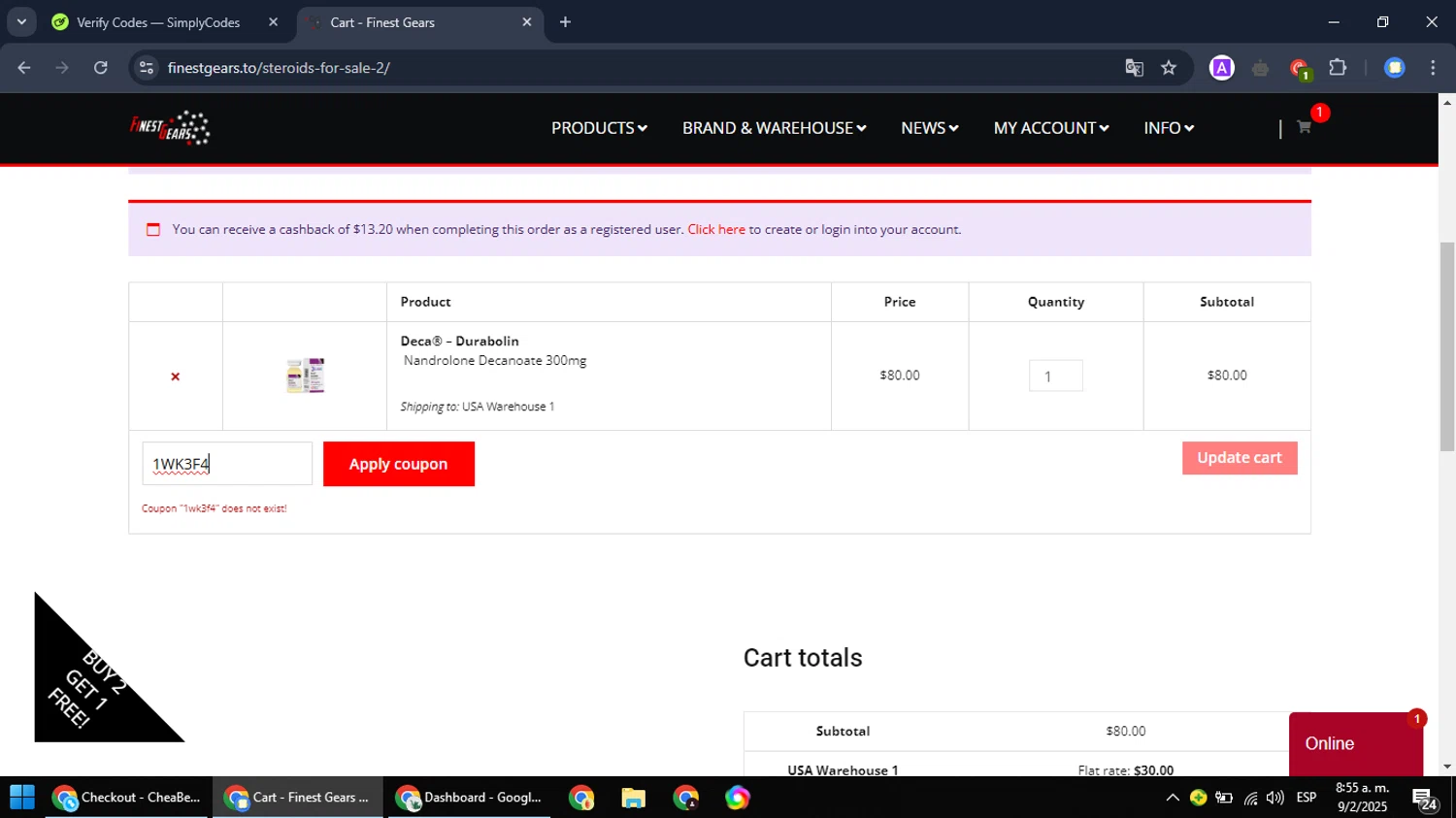 Finest Gears coupon code screenshot showing code 1WK3F4 applied at Finest Gears checkout page. Uploaded by SimplyCodes community member NobleFox488 on Feb 9, 2025