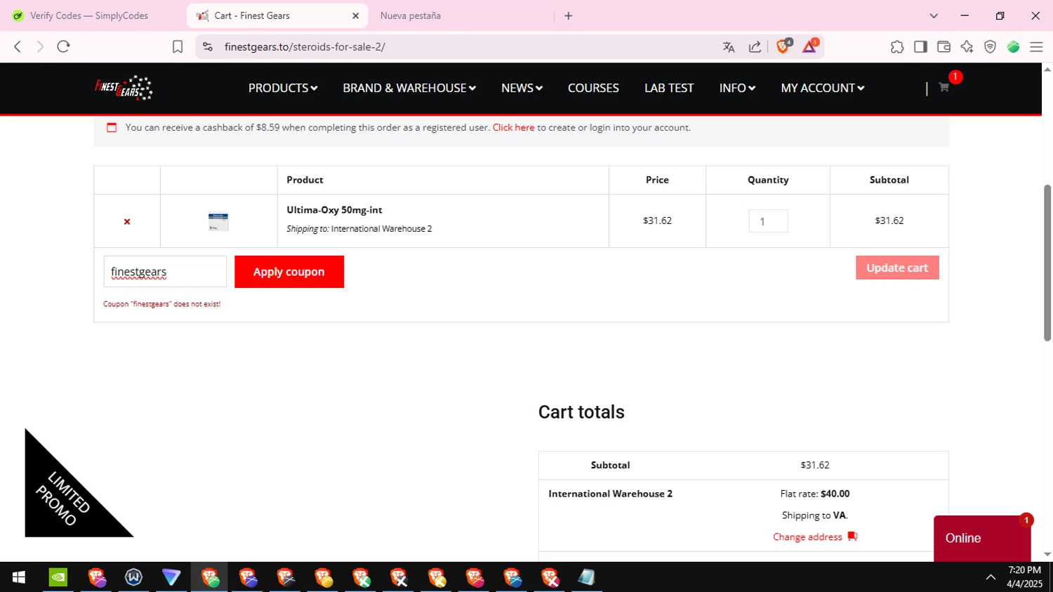 Finest Gears coupon code screenshot showing code finestgears applied at Finest Gears checkout page. Uploaded by SimplyCodes community member DiscountSentinel4513 on Apr 4, 2025