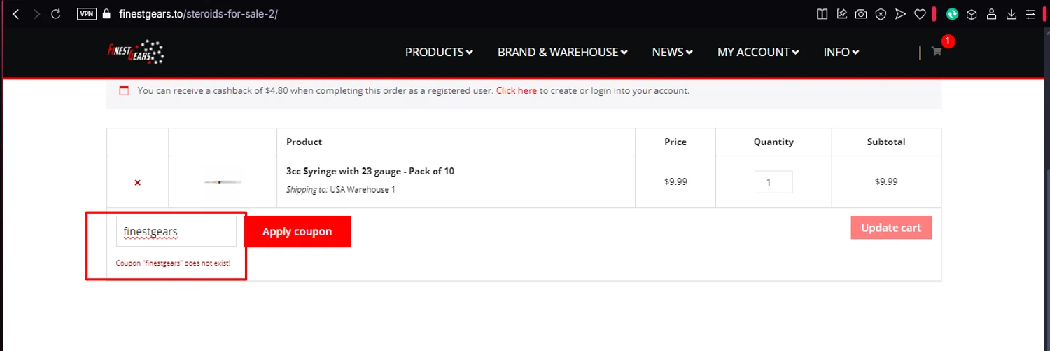 Finest Gears coupon code screenshot showing code finestgears applied at Finest Gears checkout page. Uploaded by SimplyCodes community member ronaldacunajr13 on Feb 14, 2025