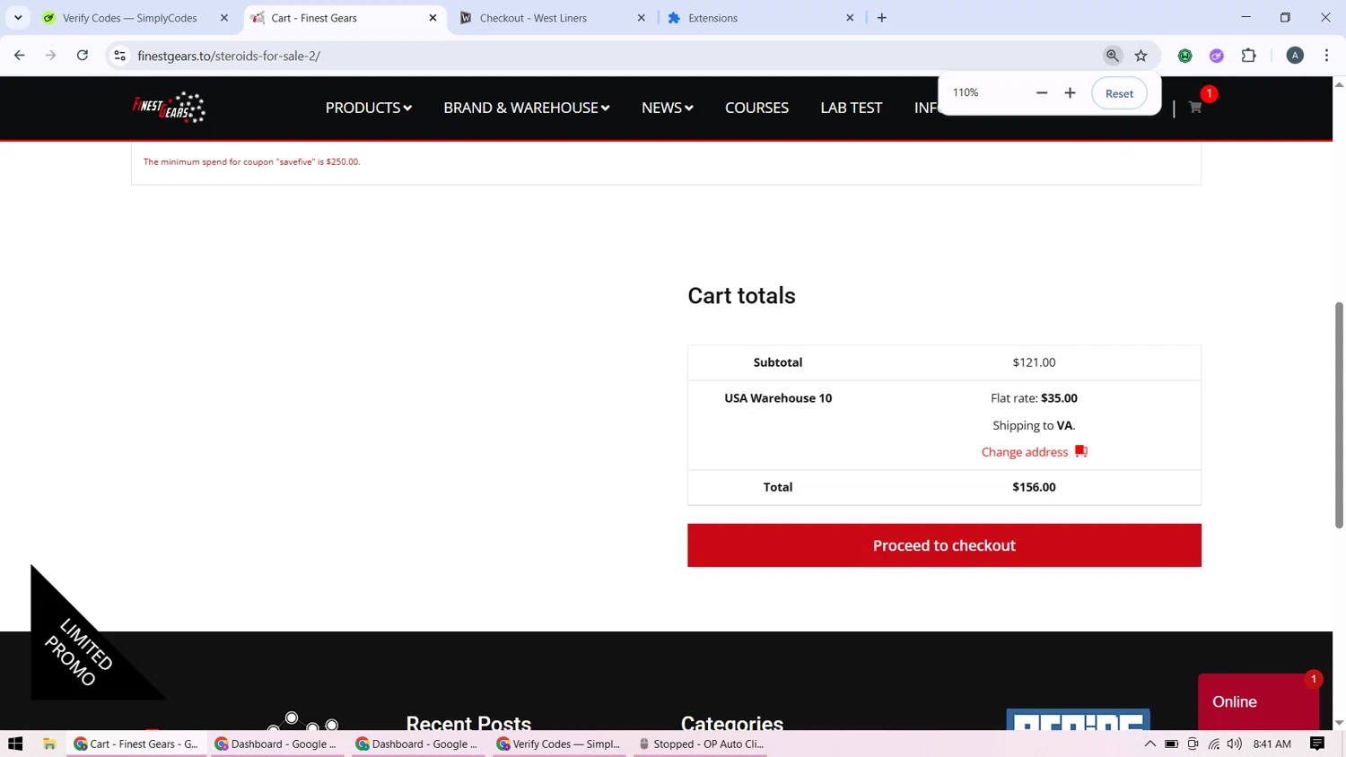 Finest Gears checkout page showing Finest Gears coupon code box | Screenshot taken by SimplyCodes community member on Sep 10, 2025