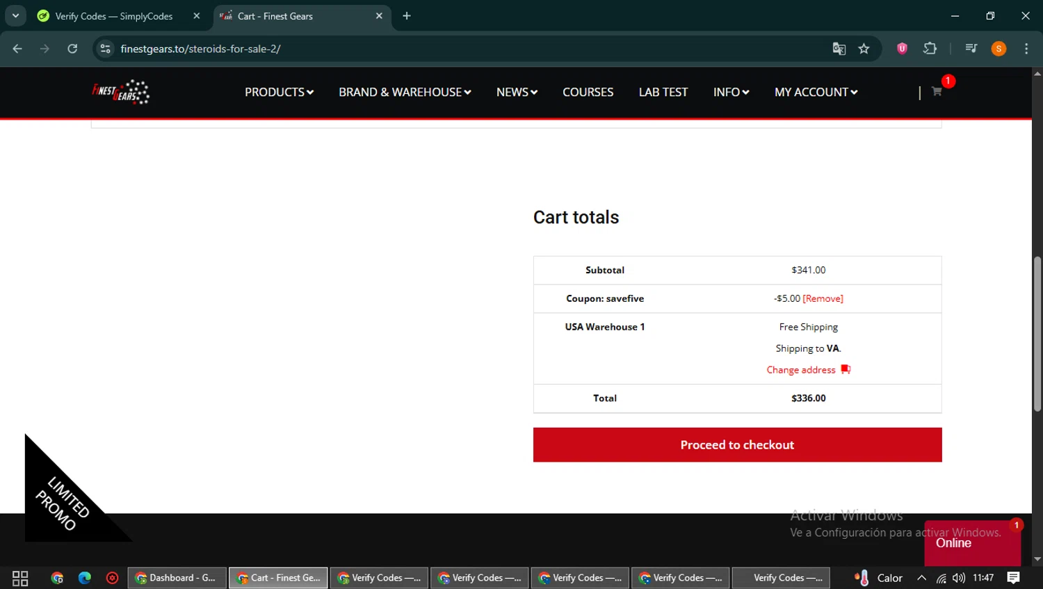 Finest Gears coupon code screenshot showing code savefive applied at Finest Gears checkout page. Uploaded by SimplyCodes community member QuestCaptain8930 on Oct 10, 2025
