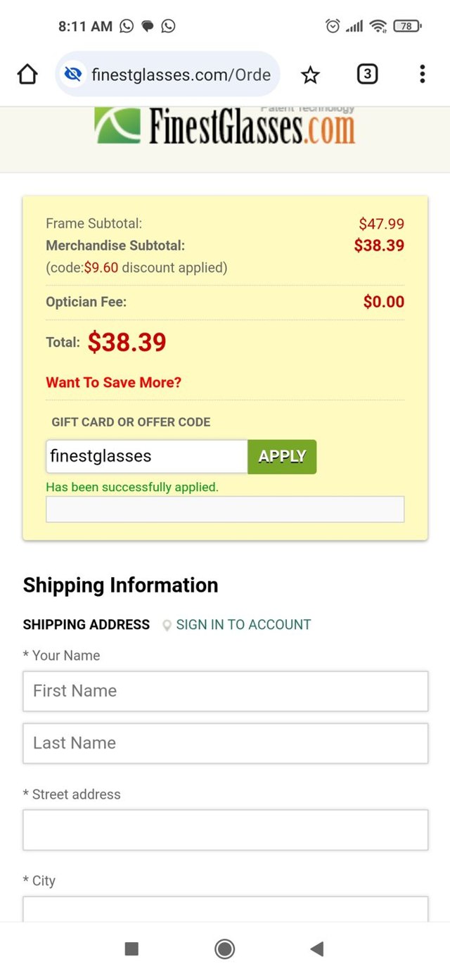 Finest Glasses checkout page showing Finest Glasses promo code box | Screenshot taken by SimplyCodes community member on Dec 20, 2024