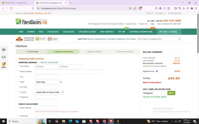 Finest Glasses checkout page showing Finest Glasses promo code box | Screenshot taken by SimplyCodes community member on Jul 8, 2025