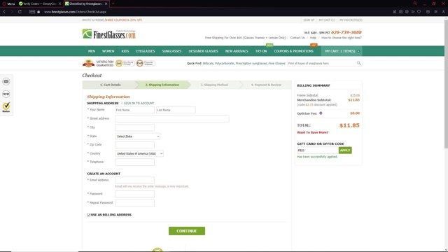 Finest Glasses checkout page showing Finest Glasses promo code box | Screenshot taken by SimplyCodes community member on Apr 28, 2025