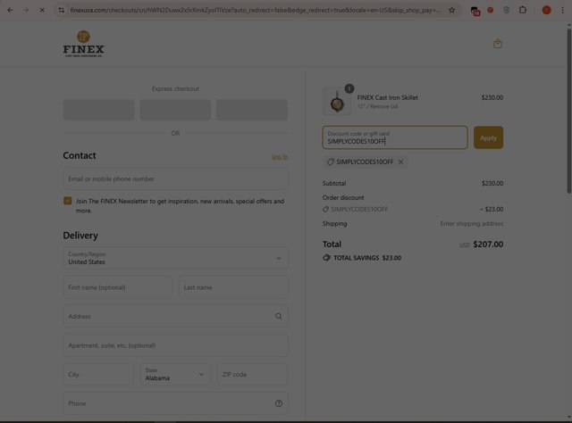 FINEX checkout page showing FINEX promo code box | Screenshot taken by SimplyCodes community member on Aug 25, 2025