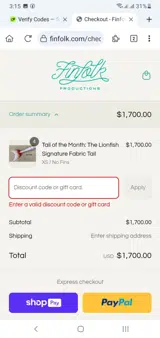 Finfolk Productions coupon verification screenshot
