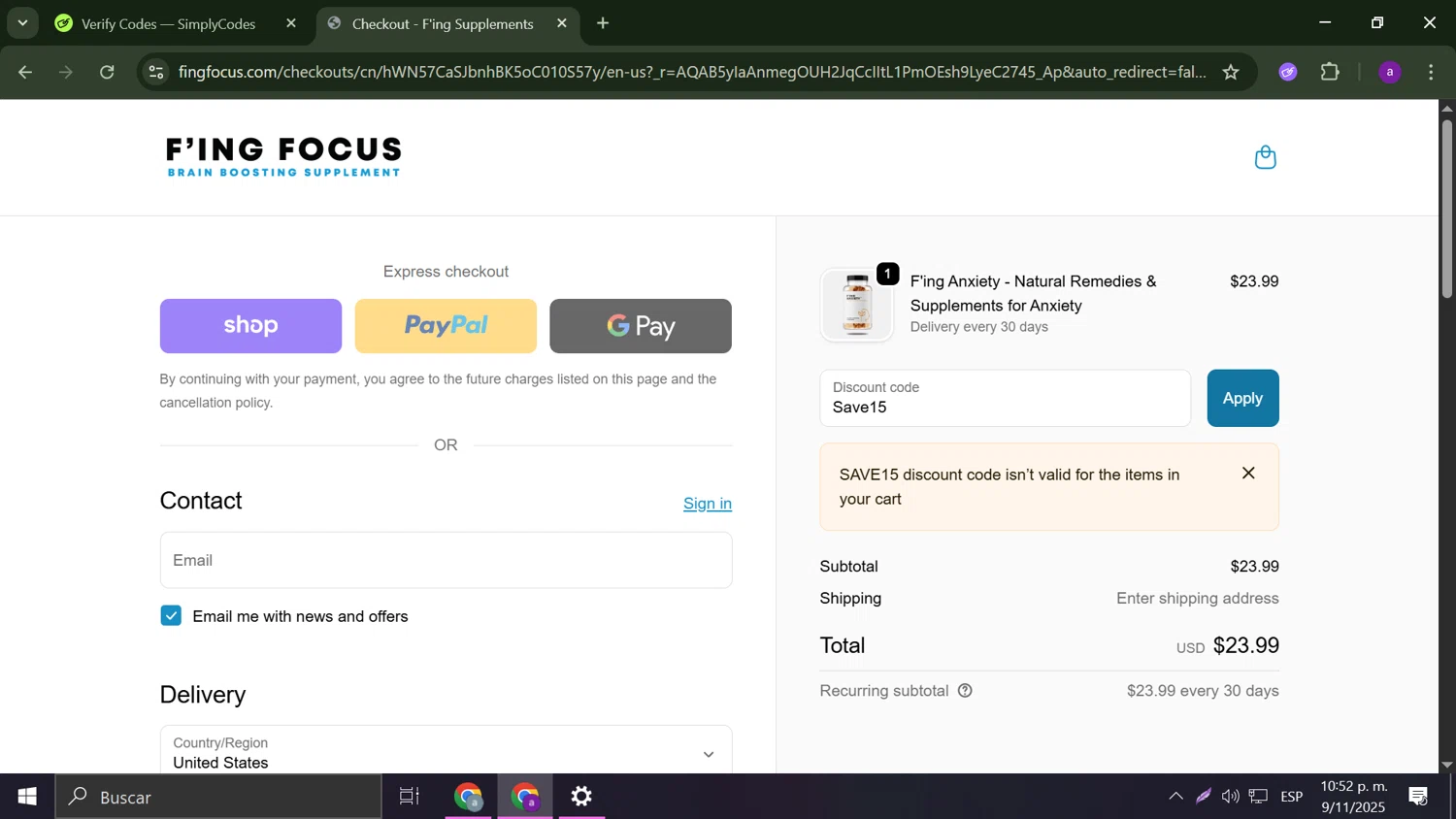 Fing Focus discount code screenshot showing code Save15 applied at Fing Focus checkout page. Uploaded by SimplyCodes community member Anderson on Nov 10, 2025