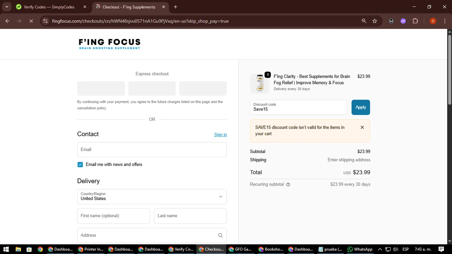 Fing Focus discount code screenshot showing code Save15 applied at Fing Focus checkout page. Uploaded by SimplyCodes community member CleverSpotter3730 on Oct 15, 2025