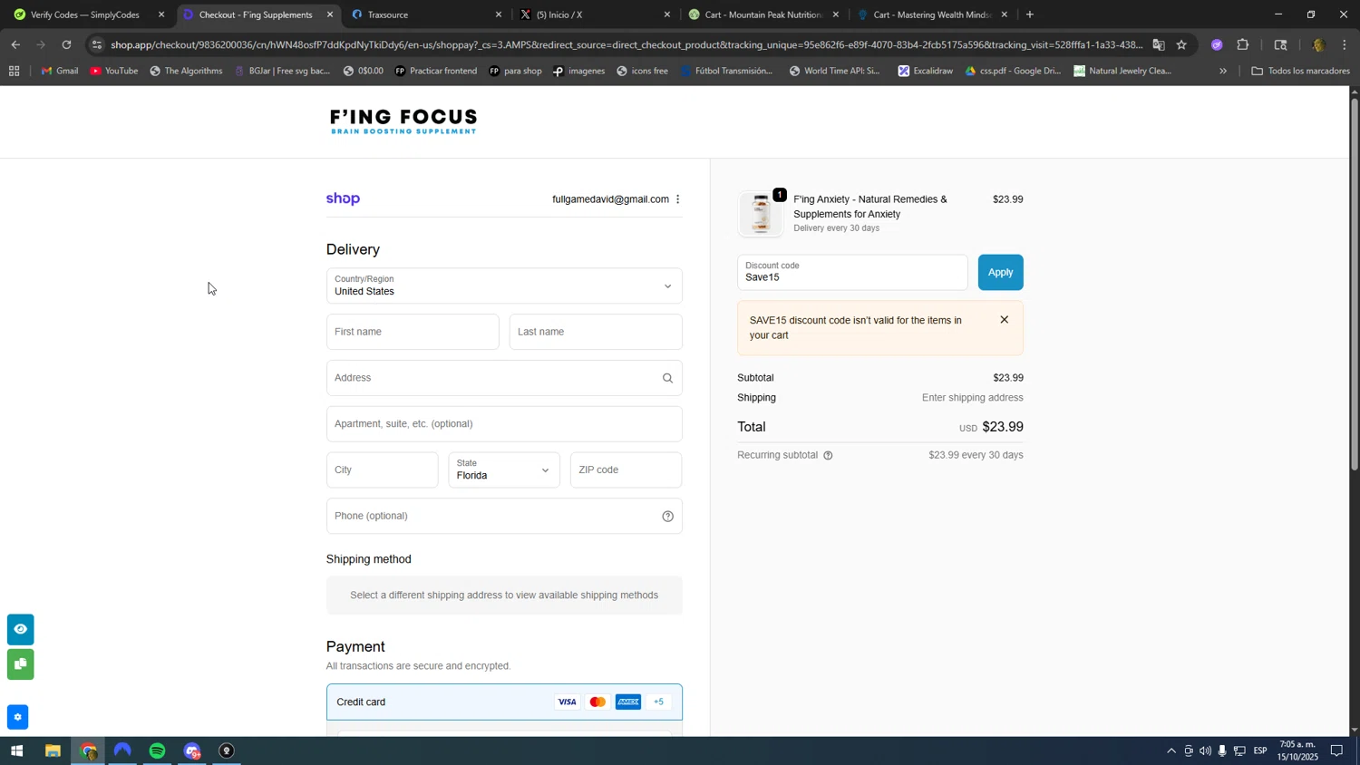 Fing Focus discount code screenshot showing code Save15 applied at Fing Focus checkout page. Uploaded by SimplyCodes community member kakakakakka on Oct 15, 2025