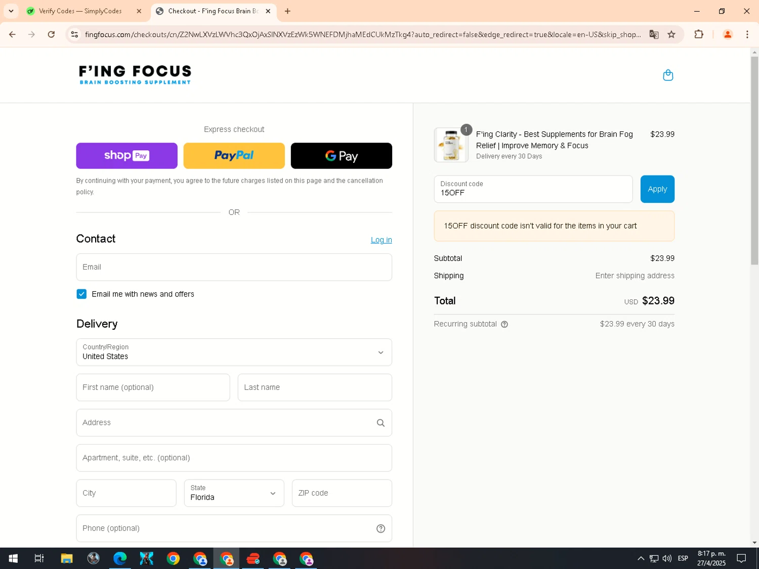 Fing Focus discount code screenshot showing code 15OFF applied at Fing Focus checkout page. Uploaded by SimplyCodes community member GloriousSpotter8024 on Apr 28, 2025