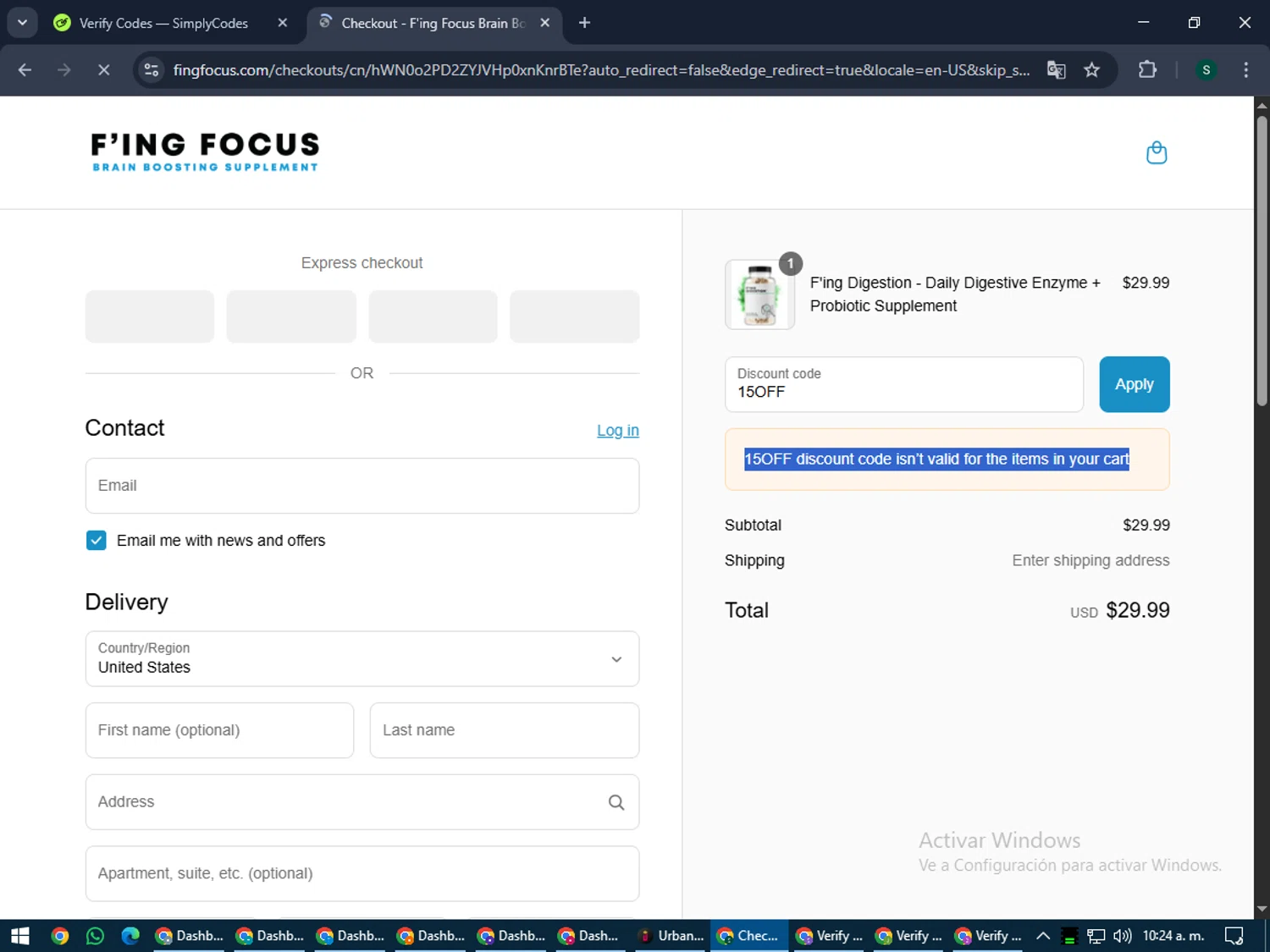 Fing Focus discount code screenshot showing code 15OFF applied at Fing Focus checkout page. Uploaded by SimplyCodes community member lilMosey on Jul 19, 2025