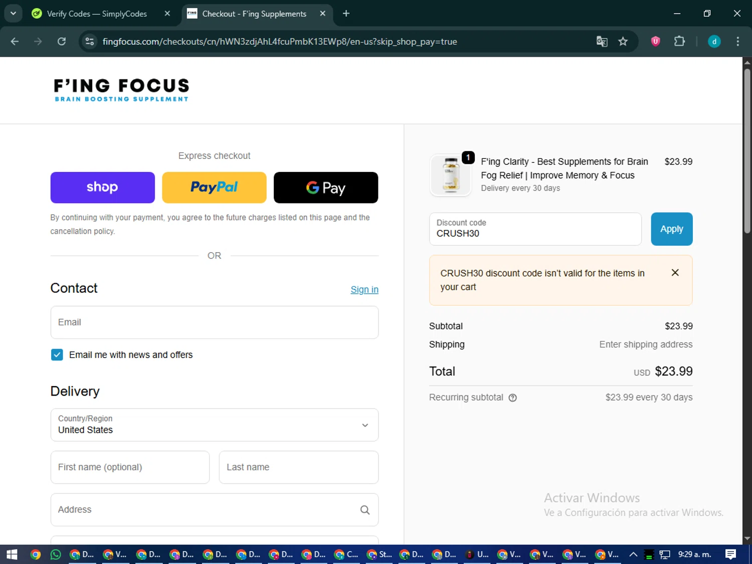 Fing Focus discount code screenshot showing code CRUSH30 applied at Fing Focus checkout page. Uploaded by SimplyCodes community member CodeMaverick5767 on Oct 11, 2025