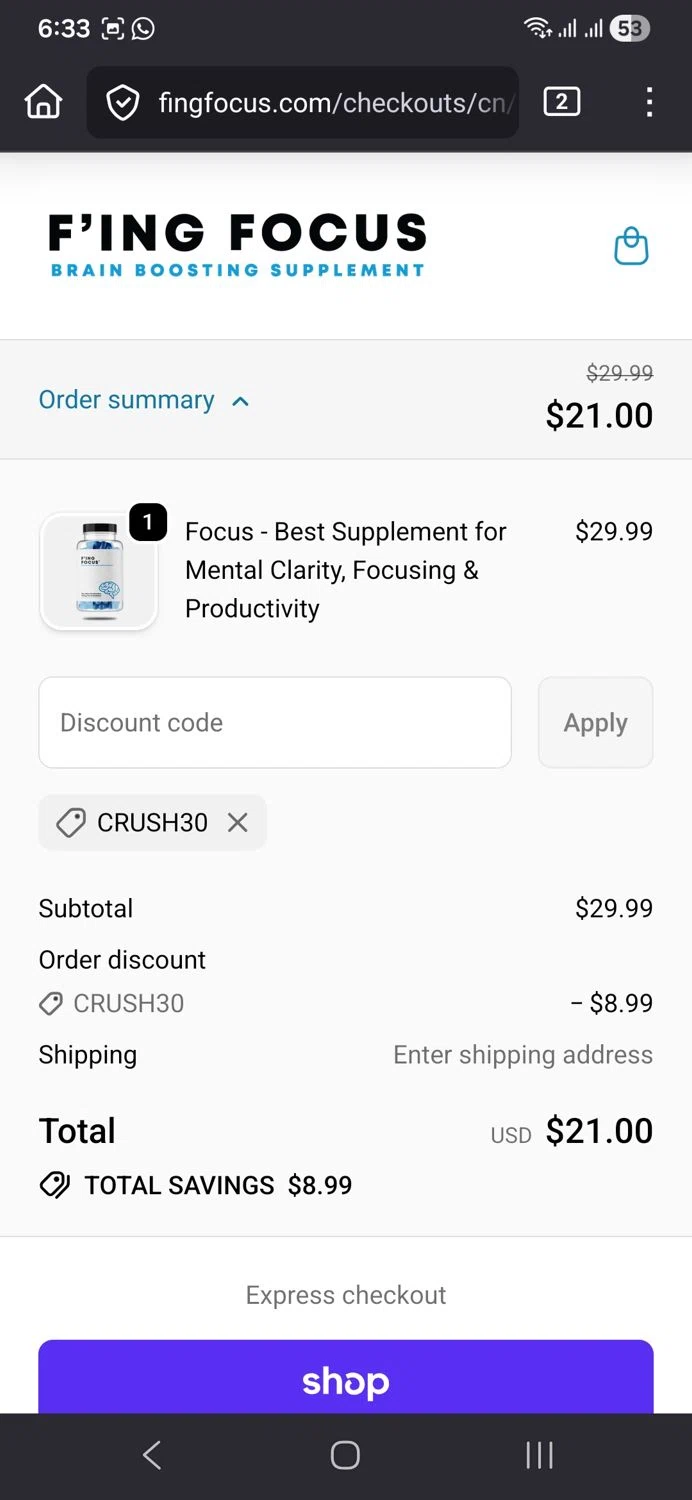 Fing Focus discount code screenshot showing code CRUSH30 applied at Fing Focus checkout page. Uploaded by SimplyCodes community member TULA515 on Dec 11, 2025