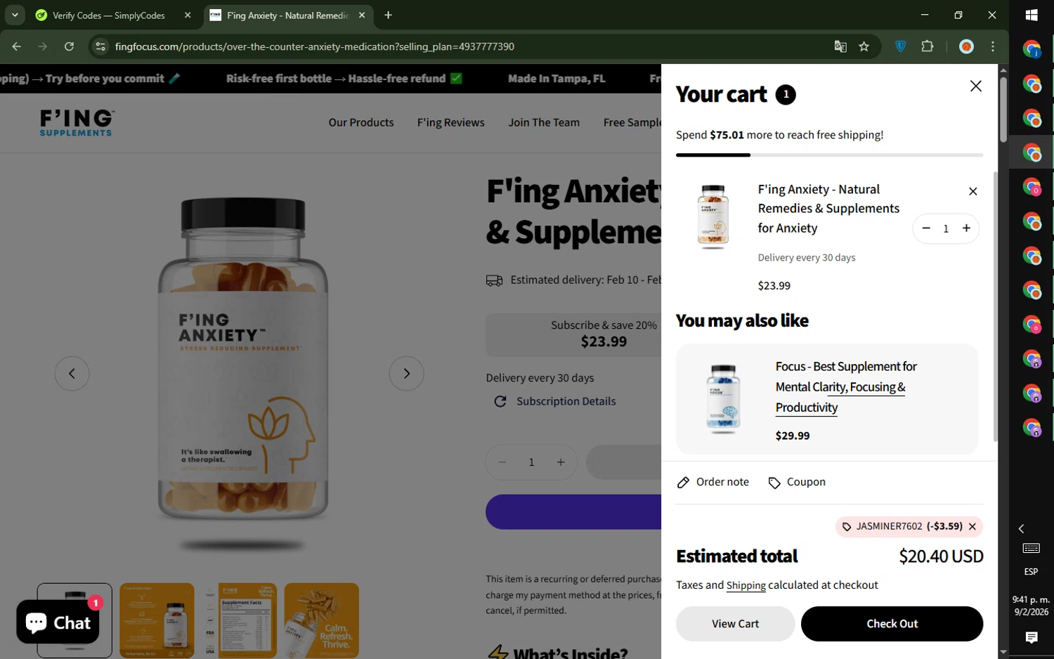 Fing Focus checkout page showing Fing Focus discount code box | Screenshot taken by SimplyCodes community member on Feb 10, 2026