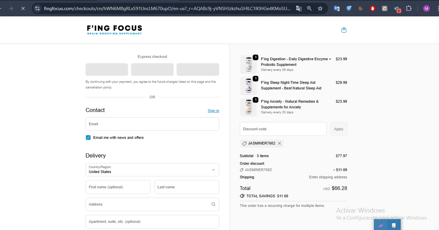 Fing Focus discount code screenshot showing code JASMINER7602 applied at Fing Focus checkout page. Uploaded by SimplyCodes community member CoinMaven895 on Dec 12, 2025