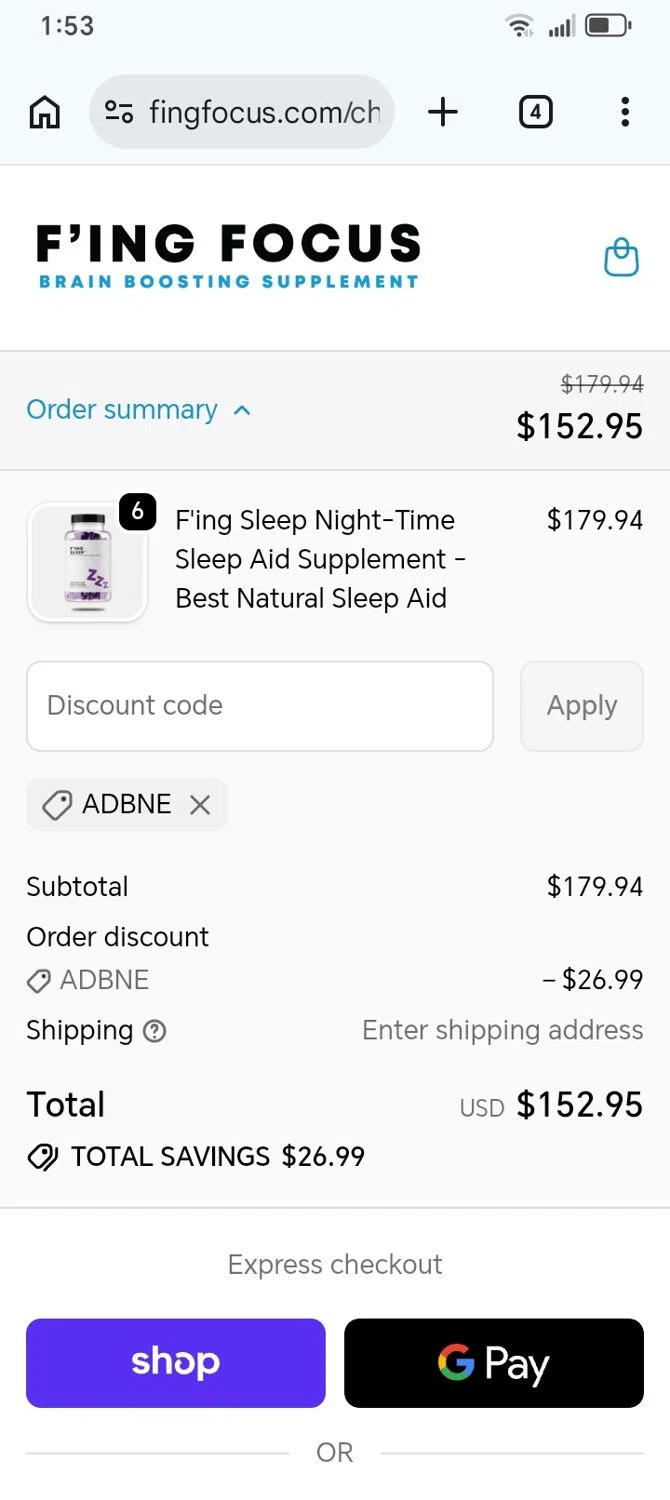 Fing Focus promo code screenshot showing code ADBNE applied at Fing Focus checkout page. Uploaded by SimplyCodes community member franksanchez on Jun 20, 2026